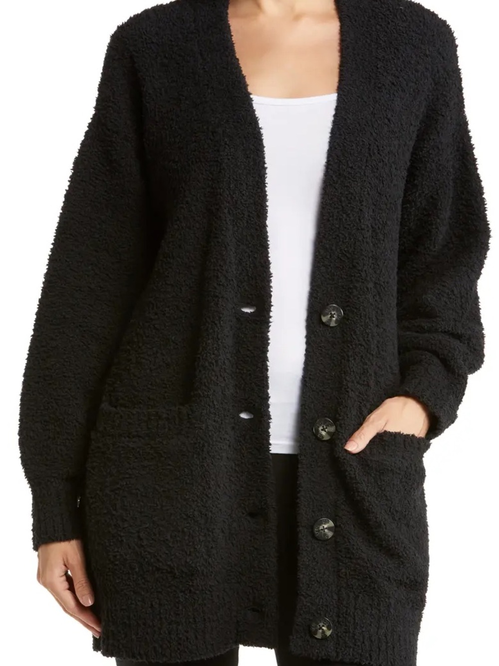 Barefoot Dreams Cozy Black Button-Front Bouclé Cardigan